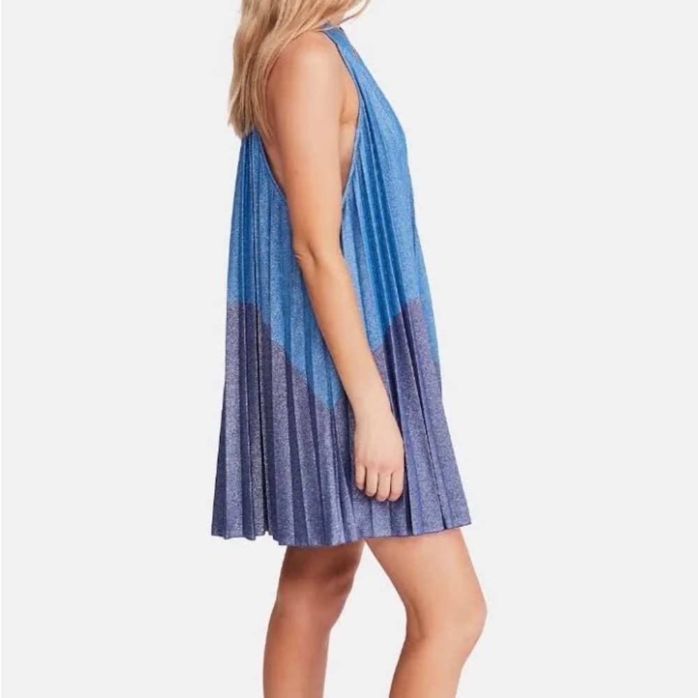 Free People High Necked Mod Themed Retro Shimmer Blue Mini Dress Size XL - Picture 6 of 10
